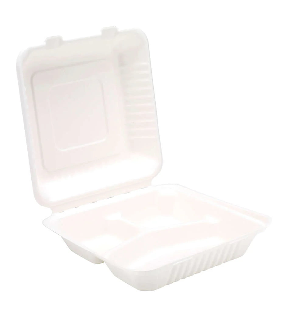Eco Bagasse Clamshell Meal Boxes 9" 3 Compartment 9*9" - 200pcs / box