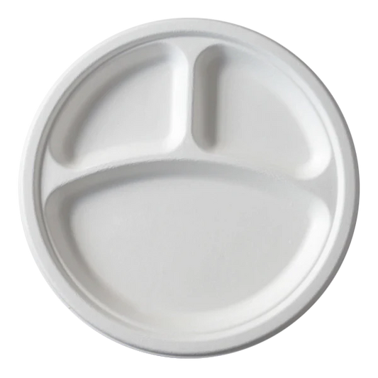 Bagasse 9" 3 Compartment Round Plate - 50pcs/Pack - 500pcs/box